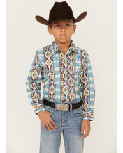 WRANGLER Wrangler Boy's Dusty Blue Diamond Checotah Western Snap Shirt WRANGLER Wrangler Boy's Dusty Blue Diamond Checotah Western Snap Shirt