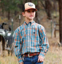 CINCH Cinch Boy's Blue & Orange Woven Plaid Button Down Shirt CINCH Cinch Boy's Blue & Orange Woven Plaid Button Down Shirt