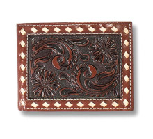 M & F M&F Ariat Men's Brown Bifold Floral Buck Laced Stitch Leather Wallet 