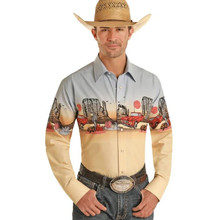 PANHANDLE SLIM Rock & Roll Denim Panhandle Slim Men's Tan Truck Border Print Snap Cotton Shirt 