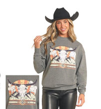 PANHANDLE SLIM Rock & Roll Denim Panhandle Slim Women's Charcoal Longhorn Oversized Sweatshirt 
