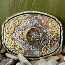 MONTANA SILVERSMITH Montana Silversmiths Silver Engraved Gold Western "C" Initial Buckle 