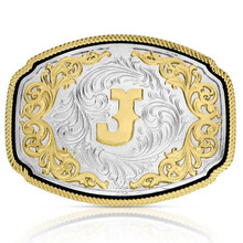 MONTANA SILVERSMITH Montana Silversmiths Silver Engraved Gold Western "J" Initial Buckle 