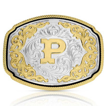 Montana Silversmiths Silver Engraved Gold Western "P" Initial Buckle