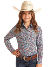PANHANDLE SLIM Panhandle Slim Girl's Navy Novelty Geo Print Snap Stretch Shirt 