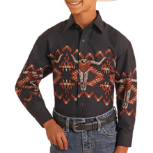 Panhandle Slim Boy's Black Longhorn Border Snap Front Cotton Shirt