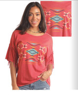 Panhandle Slim Women's Red Boxy Graphic Tee With Fringe Trim