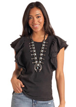 Panhandle Slim Women's Black Flutter Sleeve Top With Flat Dot Trim