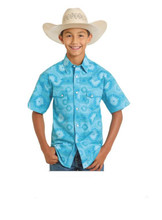 PANHANDLE SLIM Rock & Roll Denim Boy's Turquoise Aztec Print Short Sleeve Snap Shirt PANHANDLE SLIM Rock & Roll Denim Boy's Turquoise Aztec Print Short Sleeve Snap Shirt
