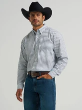 Wrangler Men's Blue Shadow Stripe Cody Johnson Button Down Shirt