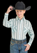 Panhandle Slim Boy's Turquoise Modern Vintage Wallpaper Stripe Snap Shirt