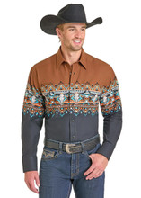 PANHANDLE SLIM Panhandle Slim Men's Black & Brown Longhorn Aztec Print Border Shirt 