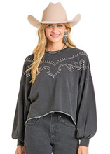 PANHANDLE SLIM Rock & Roll Denim Panhandle Slim Women's Black Embroidered Sweatshirt 