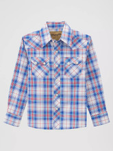Boy's Wrangler Daisy Blue Retro Western Snap Plaid Shirt