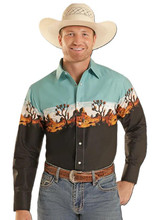 PANHANDLE SLIM Panhandle Slim Men's Desert Border Print Snap Front Shirt - Black & Turquoise 