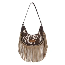 Montana West Wrangler Women's Coffee Cow Print Fringe Shoulder Hobo Bag