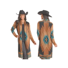 PANHANDLE SLIM Rock & Roll Denim Women's Rust Aztec Knit Duster Cardigan 