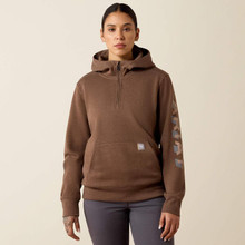 ARIAT Women's Ariat Rebar Logo 1/2 Zip Hoodie In Raindrum Heather/Ginger Snap 