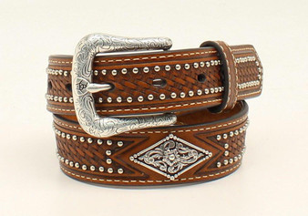 ARIAT Ariat Boy's Brown Studded Diamond Concho Basket Weave Embossed Leather Belt 