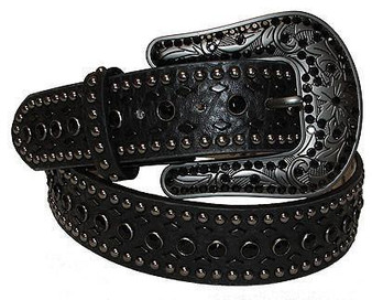 NOCONA Nocona Women's Black Rhinestone Floral Tooled Leather Belt 