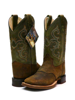 OLD WEST Jama Old West Kid's Olive Green Square Toe Western Cowboy Boot 