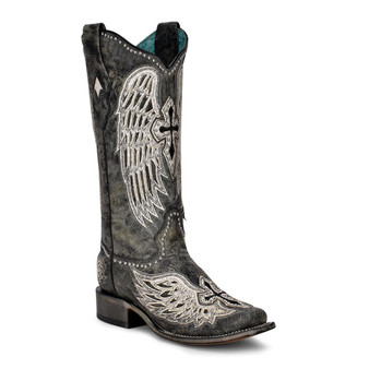 CORRAL Corral Women's Black & White Cross & Wings Overlay Square Toe Cowboy Boot 