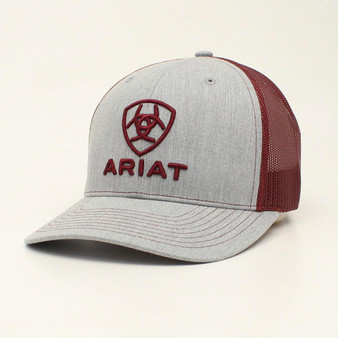 M & F Ariat Grey Burgundy Embroidered Logo Trucker Hat Ball Cap 