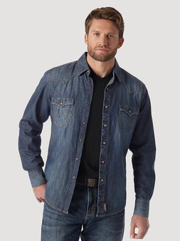 WRANGLER Wrangler Men's Blue Denim Retro Western Snap Tall Shirt 