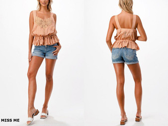 MISS ME Miss Me Women's Pink Sleeveless Peplum Crochet Top 