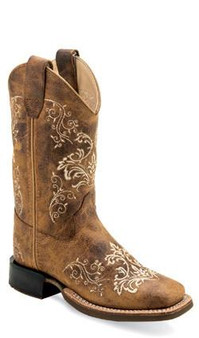 OLD WEST Old West Girl's Burnt Tan Square Toe Western Leather Cowboy Boot 