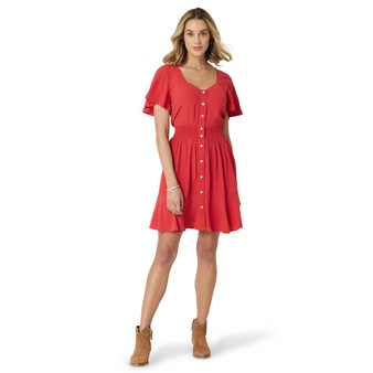 WRANGLER Wrangler Women's Red Retro Flutter Hem Snap Front Dress 