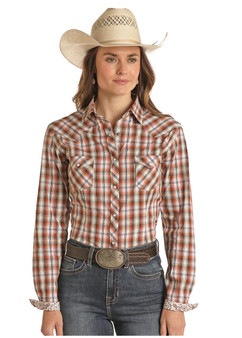 PANHANDLE SLIM Panhandle Women's Roughstock Rust Plaid Snap Western Shirt 