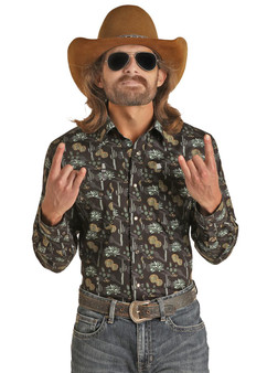 DALE BRISBY Rock & Roll Denim Panhandle Slim Men's Black Dale Brisby Cactus Snap Shirt 