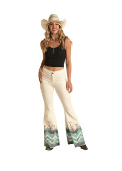 ROCK & ROLL COWGIRL Rock & Roll Denim Women's Off White Aztec Cactus Western Bell Bottoms 