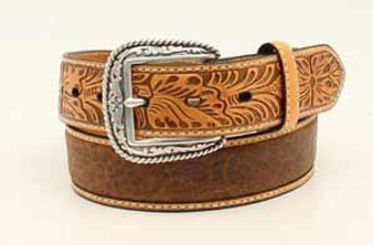 ARIAT M&F Western Ariat Men's Tan Faux Crocodile Floral Tabs Leather Belt 