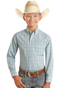 PANHANDLE SLIM Panhandle Boy's Youth Turquoise Plaid Button Down Western Shirt 