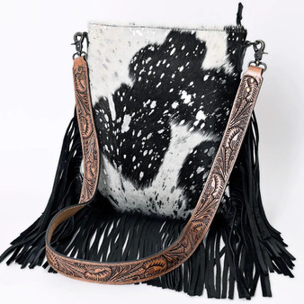 AMERICAN DARLING American Darling Women's Black & White Hairon Cowhide Fringe Messenger Bag 