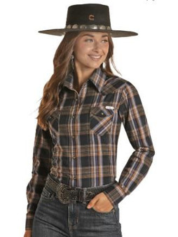 PANHANDLE SLIM Women's Dark Brown Brushed Plaid Snap 