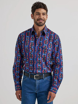 WRANGLER Wrangler Men's Vibrant Blue Checotah Geo Print Western Snap Shirt 