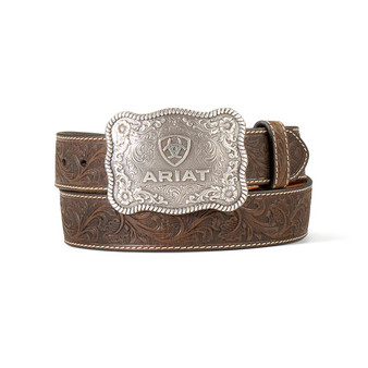 M & F Embossed Floral Aged Bark Belt w/Ariat Logo Buckle 