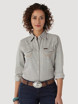 WRANGLER Wrangler Women's Grey Denim Western Snap W Stitching On Pocket Denim Shirt 
