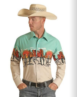 PANHANDLE SLIM Panhandle Slim Men's Turquoise Sunset Border Long Sleeve Snap Shirt  PANHANDLE SLIM Panhandle Slim Men's Turquoise Sunset Border Long Sleeve Snap Shirt