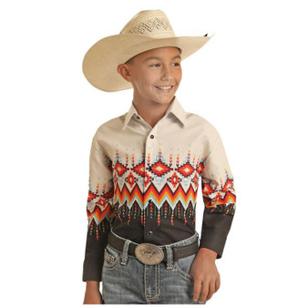 PANHANDLE SLIM Rock & Roll Denim Panhandle Slim Boy's Black Border Print Snap Cotton Shirt 