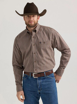 WRANGLER Wrangler Men's Brown Cliff Stripe George Strait Button Down Shirt 