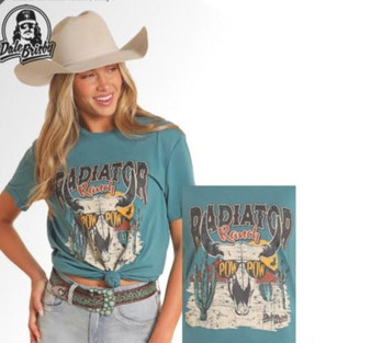 PANHANDLE SLIM Rock & Roll Denim Panhandle Slim Dale Brisby Women's Teal Pow Pow Graphic Tee 