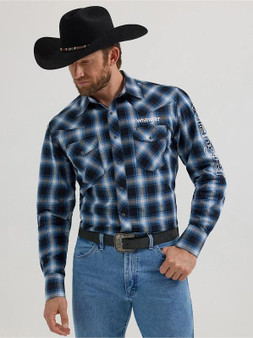 WRANGLER Wrangler Men's Black Embroidered Plaid Print Snap Western Shirt 