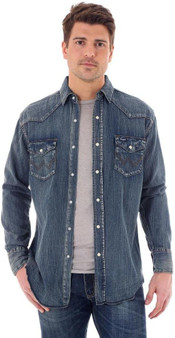 WRANGLER Wrangler Men's Antique Blue Western Denim Snap Tall Work Shirt 