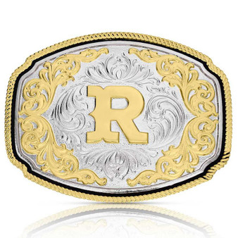 MONTANA SILVERSMITH Montana Silversmiths Silver Engraved Gold Western "R" Initial Buckle 