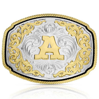 MONTANA SILVERSMITH Montana Silversmiths Silver Engraved Gold Western "A" Initial Buckle 