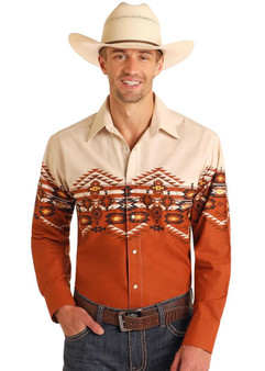 PANHANDLE SLIM Panhandle Slim Men's Rust Aztec Print Border Snap Shirt  PANHANDLE SLIM Panhandle Slim Men's Rust Aztec Print Border Snap Shirt
